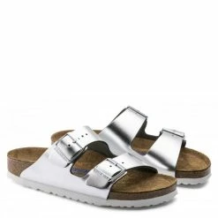 Birkenstock Women's Arizona Softbed Leather In Metallic Silver (Narrow Width) -High Top Sales 1 0 1005961 pair 1100x