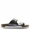 Birkenstock Women's Arizona Softbed Leather In Metallic Silver (Narrow Width) -High Top Sales 1 0 1005961 side 1100x