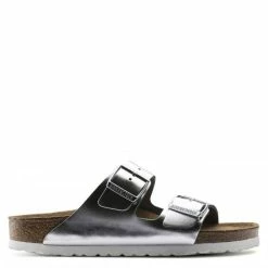 Birkenstock Women's Arizona Softbed Leather In Metallic Silver (Narrow Width)
